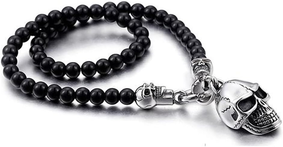 Qiaonitu Vintage Men Women Glass Beads 47cm 50cm 60cm 75cm Chain Necklaces Punk Stainless Steel Skull Pendant Statement Choker Jewelry