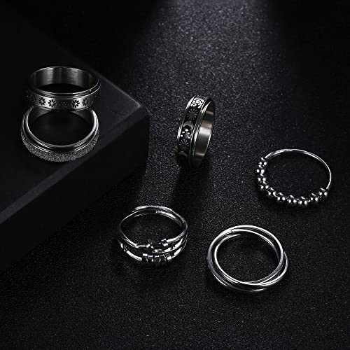 Sailimue 6 Pcs Fidget Anxiety Ring For Women Men Stainless Steel Spinner Ring For Anxiety Bead Flower Sun Moon Star Stress Relieving 6Mm Band Rings Set #TOP3