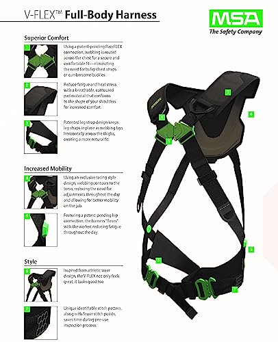 Msa 10196069 V-Flex Standard Harness - Size: Standard (Medium), D-Ring Configuration: Back, Quick Connect Leg Straps, Color: Black, Full Body Harness, Durable #TOP1