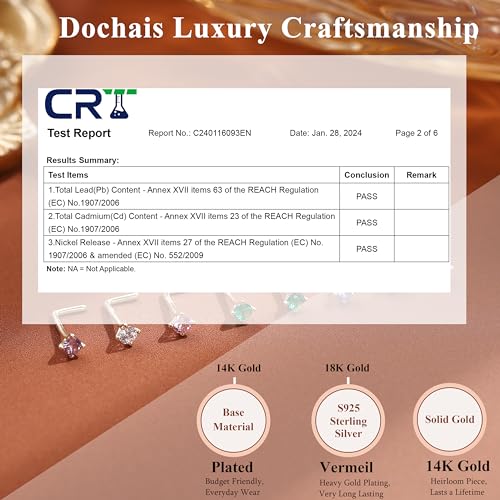 Dochais 14K Gold Filled Sterling Silver L Shaped Nose Rings 20G Nose Studs Clear Colorful Diamond CZ Nose Ring Studs Hypoallergenic Nose Piercings Birthstone Jewerly for Women Men Gold Silver - Thumbnail 3