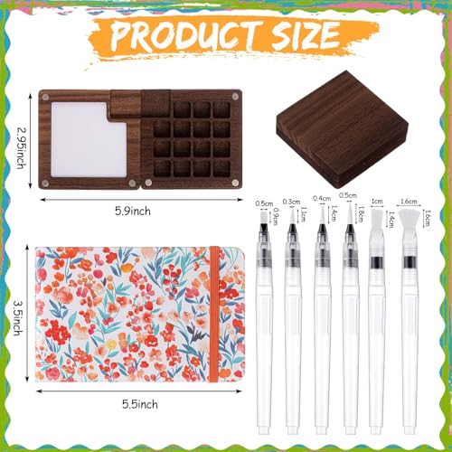 Chiisong Mini Portable Watercolor Palette Set Wooden Grid Paint Box, Watercolor Paper Pad Watercolor Sketch Book Watercolor Brush Pens with Binder Clips for Painters Artists Students - Thumbnail 2