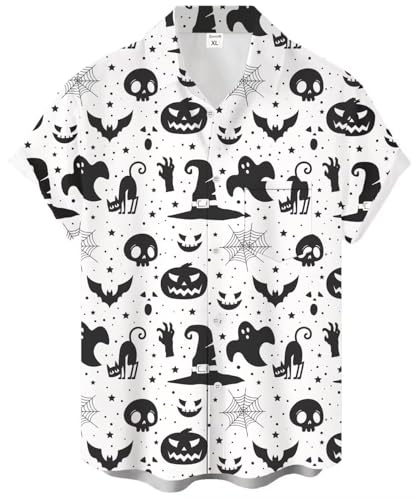 Camisetas masculinas de boliche de Halloween de manga curta, ajuste havaiano, casual, de botão, Dia