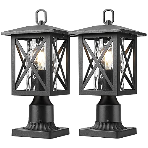 Beionxii Outdoor Post Lights, 17" H Exterior Lamp Post Light Pier Mount Lantern With Base, Matte Black W/Clear Water Glass - A330P-2Pk #TOP20