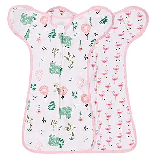 2 Pack Transition Swaddle with 2 Way Zipper, 2 in 1 Arms in/Out Transitional Arms Up Swaddle, 100% Cotton Newborn Swaddle Zipper Swaddles Baby Swaddling Sack Sleeping Sack 0-3 Months, Flamingo & Bear