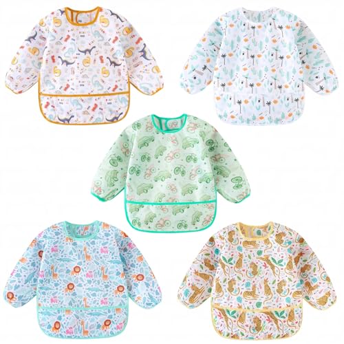 HaimoBurg Long Sleeved Bibs Pack of 5 Lightweight Waterproof Shirt Bibs for Baby Toddler 6-30 Months