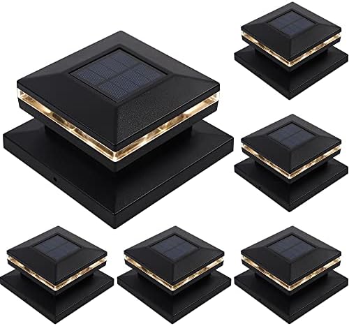 Dynaming 6 Pack Solar Post Lights, Outdoor Decorative Post Cap Light, Solar Powered Black Shell Caps, High Brightness Warm White SMD LED Lighting for Fence Deck Patio, Fit 4x4, 5x5 or 6x6 Wooden Post