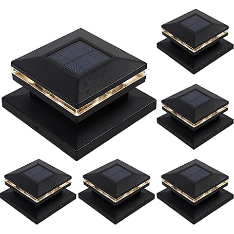 Dynaming 6 Pack Solar Post Lights, Outdoor Decorative Post Cap Light, Solar Powered Black Shell Caps, High Brightness Warm White SMD LED Lighting for Fence Deck Patio, Fit 4x4, 5x5 or 6x6 Wooden Post Cover