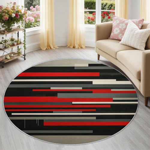 Tapis Salon Rond 90 cm, Moderne Abstrait Rouge Lignes Formes Géométriques Tapis Chambre Lavable en Machine Antidérapant Cuisine, Doux Moquette Chambre pour...