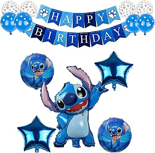 CloverCy Stitch Balloons 14Pcs Stitch Party Supplies - Happy Birthday Letters Banner for Stitch Theme Birthday Party Decorations