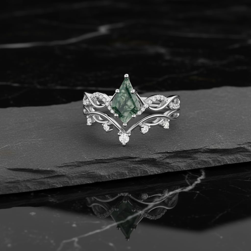 1 Carat Natural Moss Agate Engagement Ring Set for Women Unique Kite Cut Ring Bridal Set 925 Sterling Silver Rings with 18K White Gold Plated