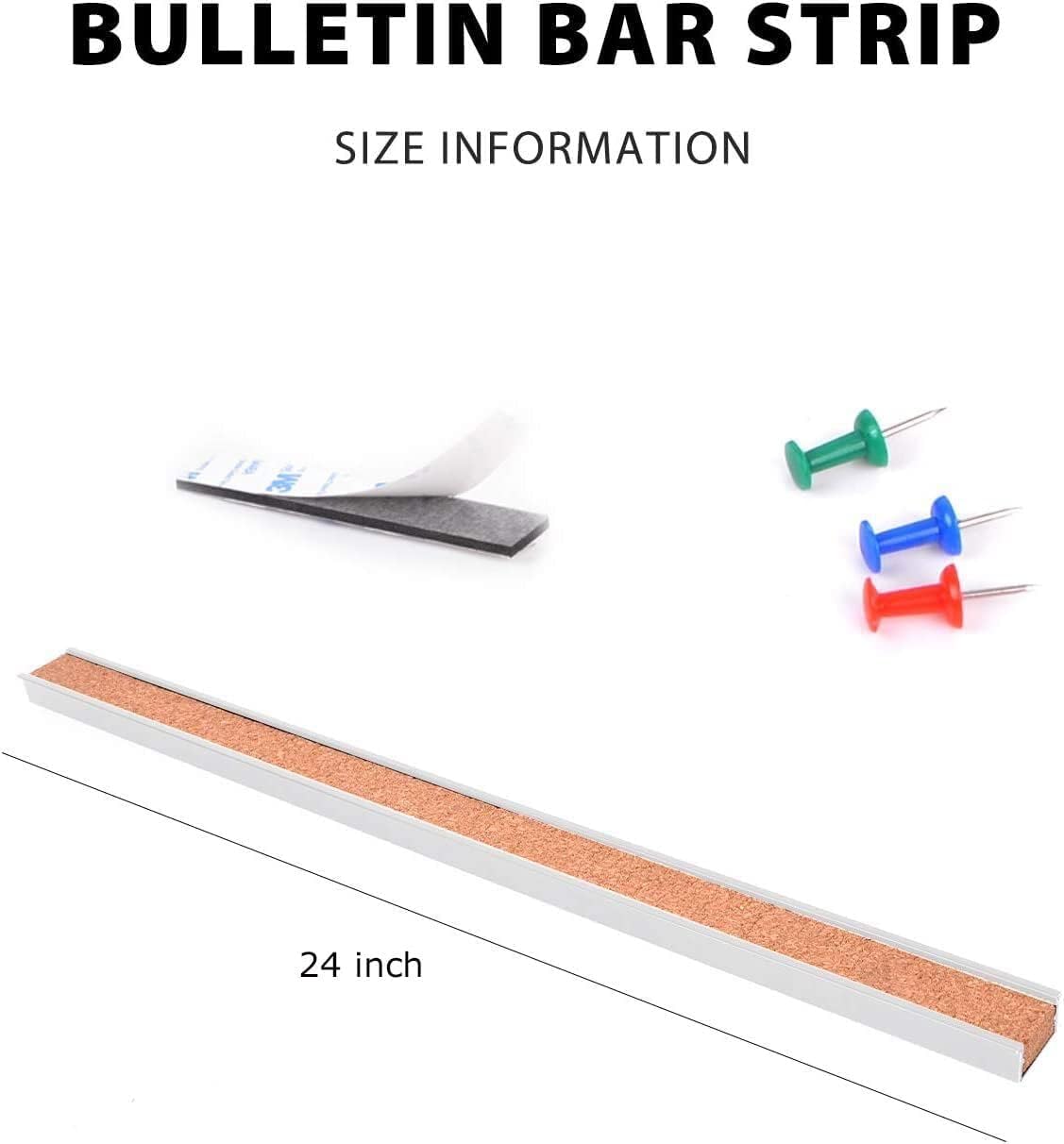 Corksidol Bulletin Bar Strip, Cork Board, Cork Strips, 24" x 1", Classroom, Office, Walls, Cubicle, Aluminum Frame,5 Pack, Silver