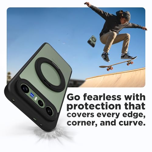 Image of RIGGEAR Shockproof Sleek Hybrid Armor 360 Rotating Magnetic Ring Stand Back Cover Case Compatible with MagSafe Accessories for Vivo X300 FE 5G (Clear PC + Black TPU Bumper)