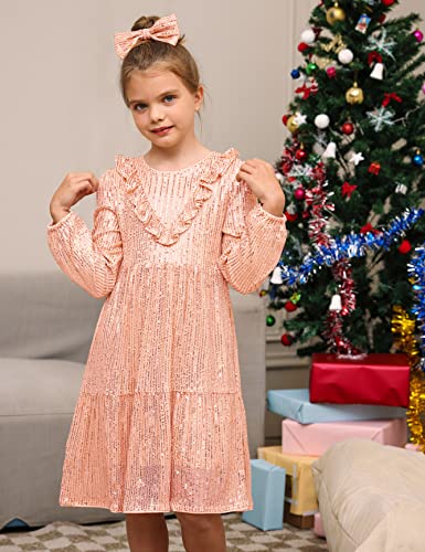 Grace Karin Girls Sequin Dress Long Sleeves Ruffle Girls Dress With Hair Bow Pink Gold 12Y #TOP2