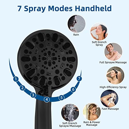 10” High Pressure Rainfall Shower Head, Metal Waterfall Showerhead With Handheld, 16'' Adjustable Right Angle Shower Extension Arm, Adhesive Shower Head Holder, Extra Long Hose, Matte Black #TOP4
