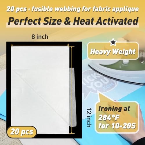 Stitch Witchery 20 Sheets, 8\" x 12\" Fusible Webbing for Fabric Applique, Heavy Weight Fusible Interfacing, Stitch Witchery Fusible Bonding Web for Fabric for DIY Crafts