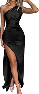 Damen Maxi Kleid One-Shoulder Abendkleid mit hohem Schlitz und Taillenfalten Elegante Abschlusskleid