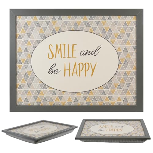 MTS Wooden Lap Trays with Bean Bag Cushion - Smile And Be Happy Design - Large Padded Tray for Kids and Adults - Suitable for Food, Art, Studies, TV, Sofa, Bed - Great Gift for Family