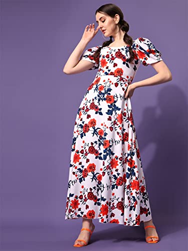 Image of Sheetal Associates Women's Puff Sleeve V-Neck Floral Printed Fit & Flare Casual Maxi Dress