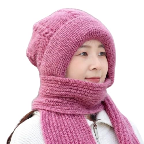 2 in 1 Windproof Scarf with Cap Integrated Ear Guard Hat Plus Velvet, Winter Warm Soft Knitted Beanie Hats Scarf- Woolen Lovely Muffler Fur Cap Stylish Headwear for Women & Girls (Pink-Color)-image-25