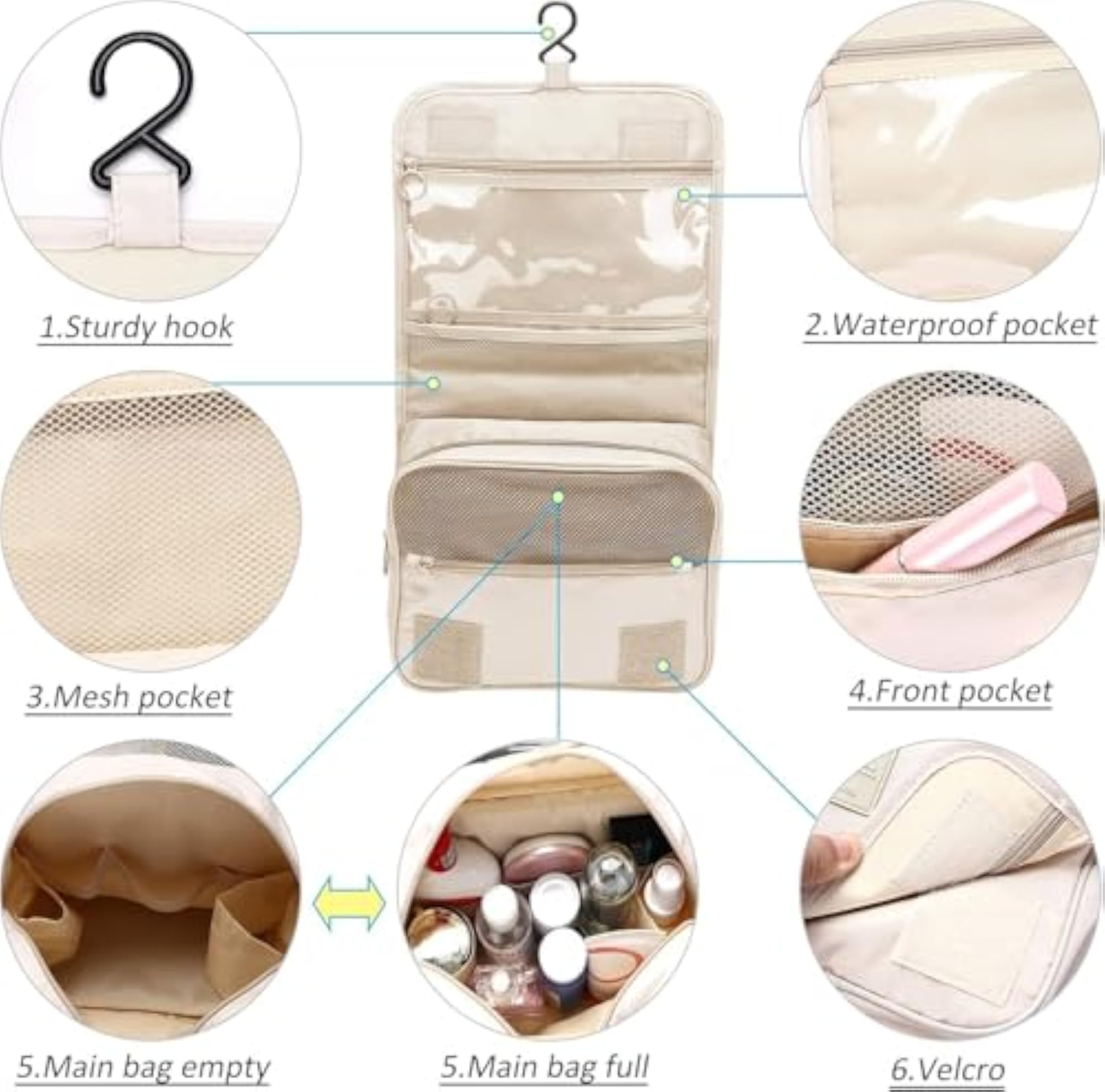 Travel Toiletry Bag Hanging Cosmetic Organizer, Waterproof Makeup Bag