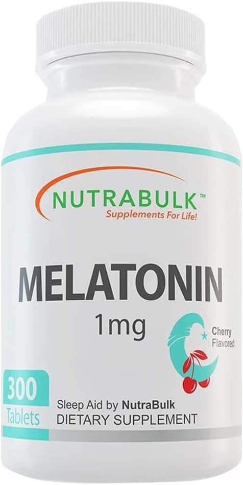 NutraBulk 1mg Melatonin - 1 mg Melatonin for Adults - Cherry Flavored Chewable Tablets - Fast Dissolve - Low Dose Non-Habit Forming Sleep Support - Made in USA -300 Count