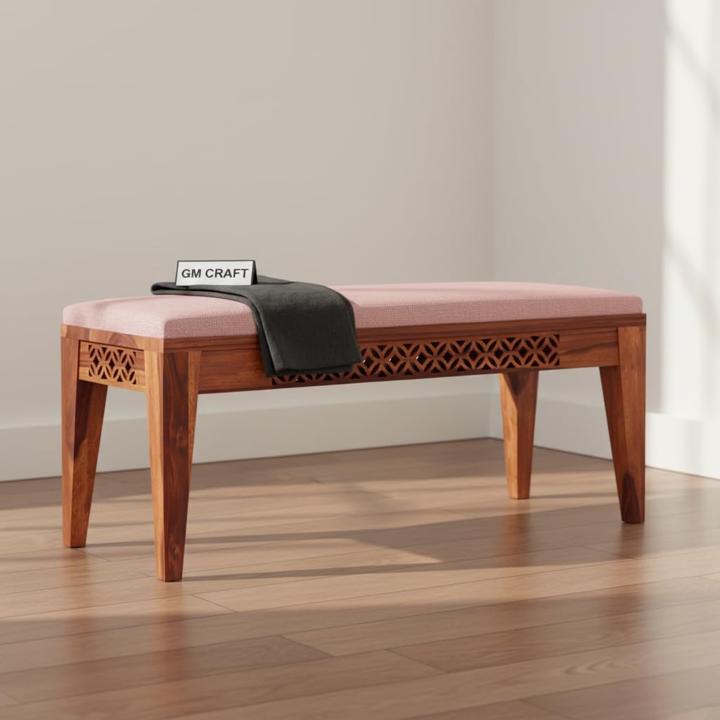 Sheesham Wooden Bench for Living Room with Cushion Seating - Dining Bench for Sitting - 3 Seater Upholstered Benches for Home & Office Indoor/Outdoor Table for Balcony (Design 8)-image-46