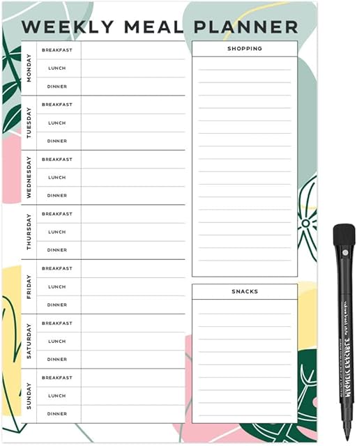 Magnetic A4 Weekly Meal Planner and Shopping List for Fridge, Whiteboard or Office with Dry Erase Jungle Design - Get Organised and Reduce Stress
