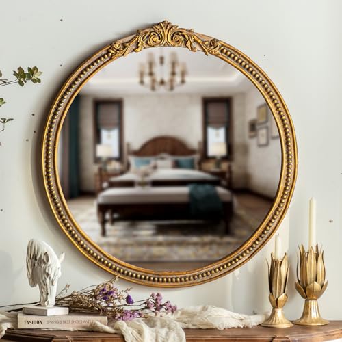 Image of ZIYOO Vintage Ornate Round Wall Mirror, French Baroque Gold Framed Decorative Mirror, Classic Ornate Accent Mirror for Living Room, Bedroom, Entryway, Vanity, 32 Inch