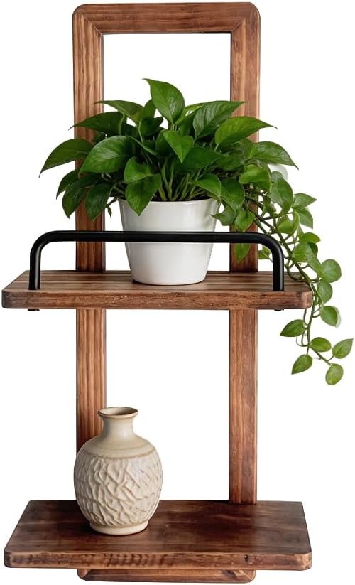 Solid Pine Wood Floating Shelves, Rustic Wall Shelf with Aluminum Anti-Fall Guardrail, Rustic Boho Wall Decor for Living Room, Bathroom, Bedroom Heavy Duty Shelf 20 lbs 2 Tier 16.1" H x 7.9" W