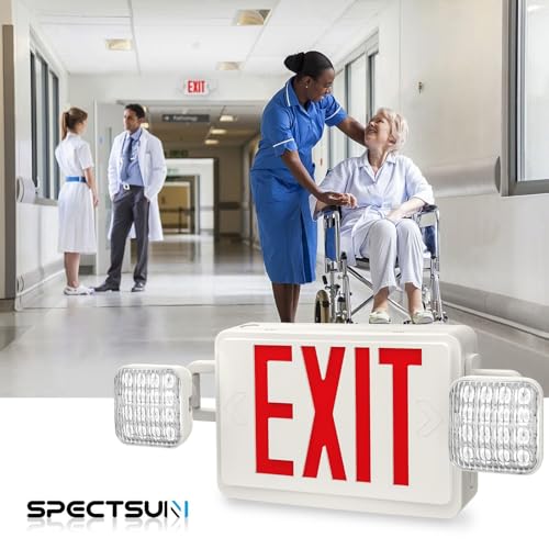 Spectsun 1 Pack Red Exit Sign with Emergency Lights, LED Emergency Exit Light with Battery Backup, UL Listed, AC 120/277V, Commercial Emergency Exit Lights Combo for Business/Home.
