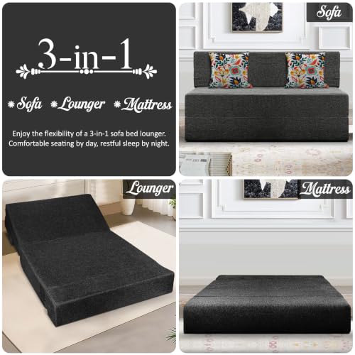 Image of Los Angeles Foldable Two Seater Sofa Cum Bed, Sofa Bed 4 X 6 Feet Jute Fabric Washable Cover- Including Cushion Perfect for Living Room - Black