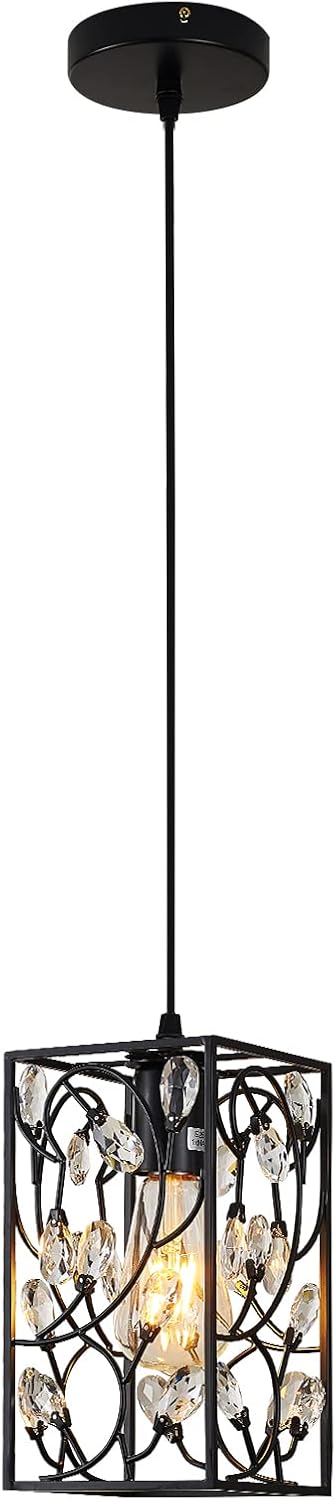 Modern Mini Crystal Pendant Light with Metal Cage 1-Light Rectangular Pendant Lighting Fixture for Kitchen Island Sink Countertop Dining Room Farmhouse, Matte Black Finish