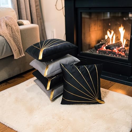 Image of Home Velvet Cushion Cover with Golden Stripes, Aqua Pack of 5, 16x16 to 26x26 Inch (Black /Silver, 16x16in)