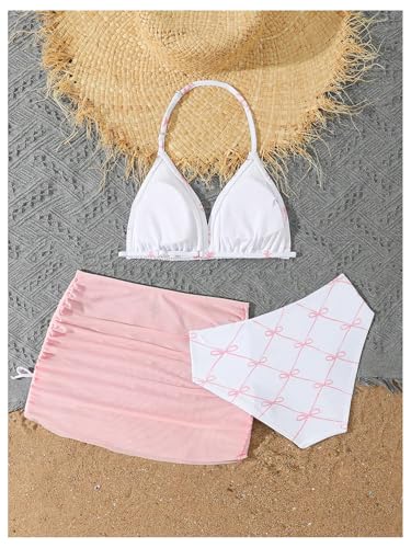 Verdusa Girl's 3 Piece Cute Bow Bikini Set Halter Triangle High Waisted Bathing Suit with Cover Up2