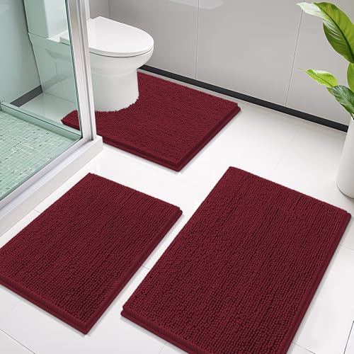 Image of Smiry Bathroom Rugs Sets 3 Piece, Soft Absorbent Chenille Bath Mat and U-Shaped Contour Toilet Rug, Machine Wash Dry Bath Mat Sets for Bathroom Tub and Floor (30 inchx20 inch+24 inchx16 inch+24 inchx20 inch, Burgundy)
