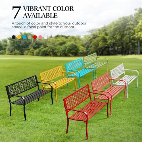 Image of VINGLI 50 inch Outdoor Bench Metal with Floral Back, Garden Bench Front Porch Bench for Yard Patio Entryway Park Outside, 800lb Capacity - Pink