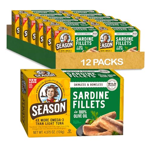Image of Season Sardines in Olive Oil Skinless & Boneless, 4.37 Oz Tins, 12-Pack | Wild Caught, 22g of Protein, Keto Snacks, More Omega 3's Than Tuna, Kosher, High in Calcium, Canned Sardines