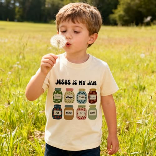 Kachibud Jesus is My Jam Shirts for Boys Girls Toddler Cotton Beige Tees Short Sleeve Funny Christian Tops Bible Verse T-Shirts 4T