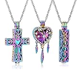 shajwo 3 Pack Cremation Urn Necklace for Ashes for Women Men Heart Cross Cylinder Cremation Jewelry for Ashes Loved One Memorial Keepsake Pendant,Full Rainbow