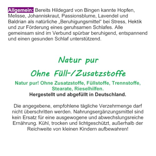 BERUHIGUNG, ENTPANNUNG 120 Kapseln PFLANZLICHES Beruhigungsmittel mit Baldrian Hopfen Melisse Lavendel Johanniskraut Passionsblume. Natürliche BERUHIGUNGSKAPSELN. OHNE ZUSATZSTOFFE. 26720-120