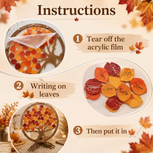 Image of PAMBO Wedding Guest Book Alternative with 55 Fall Leaves - Rustic Wooden Tree of Life Guestbook Frame, 12 inch Handcrafted Autumn Wedding Sign in Decoration & Keepsake for Reception