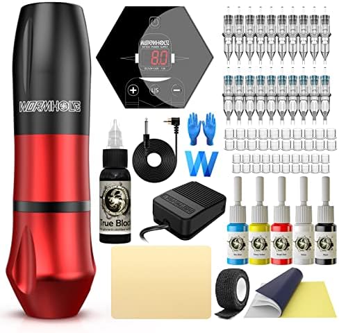 Tattoo Kit Tattoo Gun Kit Wormhole Tattoo Pen Kit Rotary Tattoo Machine Kit Complete Tattoo Kit with Tattoo Pen Tattoo Cartridge Needles Tattoo Power Supply Tattoo Ink Supplies WTK088