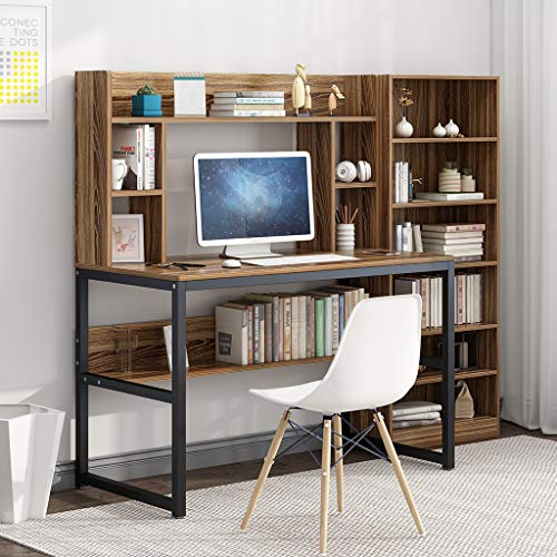 Computer Desk with Bookshelf 47 Inches Modern Writing Desk with Hutch Storage Shelves Home Office PC Laptop Study Table Workstation (Ship from US) (47x22.4x54.3 in, Brown) - Thumbnail 6
