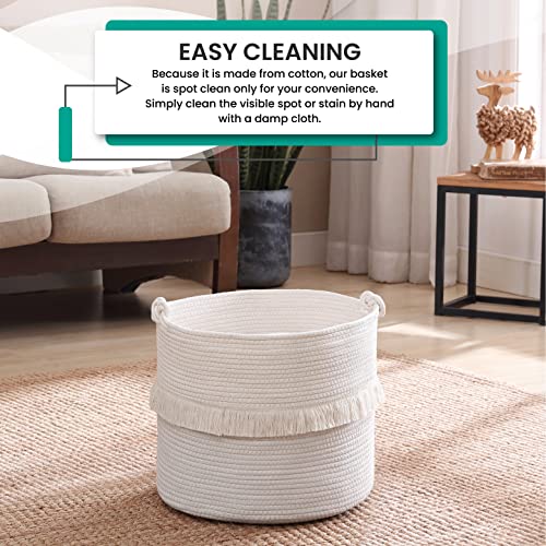Organizix Round Woven Boho Cotton Rope Storage Tassels Basket, Laundry Basket Hamper, Decorative Fringe With Knot Handles, Toys And Blanket Basket For Nursery, Cream, 13 X 16 #TOP5