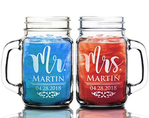 Mr. Mrs. Set Of 2 Mason Jars Couples Personalized Glasses Wedding Favor For Bride Groom Newlyweds To Be Husband Wife 50Th 25Th Idea Personalized Last Name Couple Present #TOP12