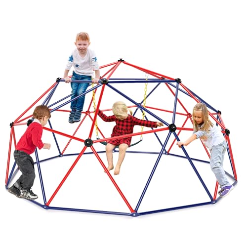 DREAMADE Kletterkuppel mit Schaukel, Spielturm für Kidner Garten Kletterleiter bis zu 363 kg belastbar, Klettergerüst Indoor & Outdoor für Kinder ab 3 Jahren (Rot)