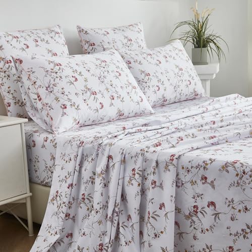 FADFAY Sheets Set Full Rustic Pink Floral Botanical Bedding Set Luxury 100% Egyptian Cotton Bed Sheet Set Soft Breathable for All Season Bedoom Decor with 17.7 Deep Pocket Fitted Sheet, Full Size