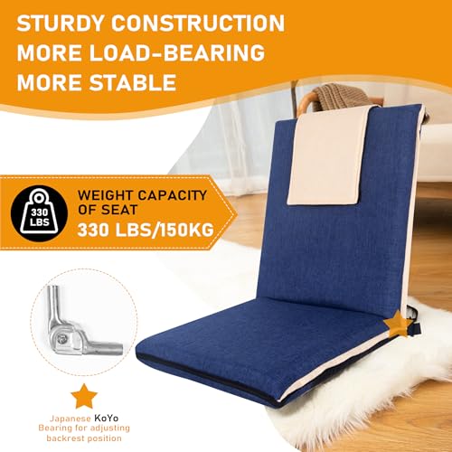 Image of FASTMOMENT 14-Position Adjustable Floor Chair with Back Support - Portable Gound Seating for Adults & Kids, Foldable Meditation Chair with Japanese KOYO Bearings & Washable Linen Cover (Blue)