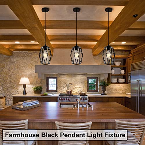 Vintage Black Pendant Light Fixture, Retro Farmhouse Mini Glass Pendant Lighting Industrial Cage Pendant Lamp for Kitchen Island, Dining Room, Bedroom, Hallway, Entryway - Image 2