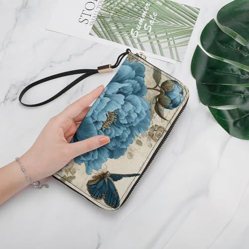 Blue Peony And Butterfly Vintage PU Leather Clutch Long Bifold Wallet, Coin Purse Credit Pass Case, Durable Card-Holder Money Storage for Women Men4